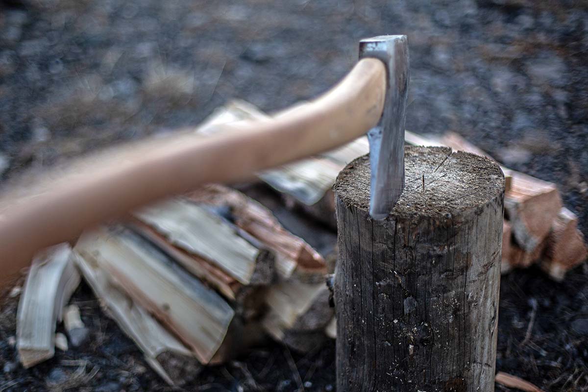 Chopping wood with axe